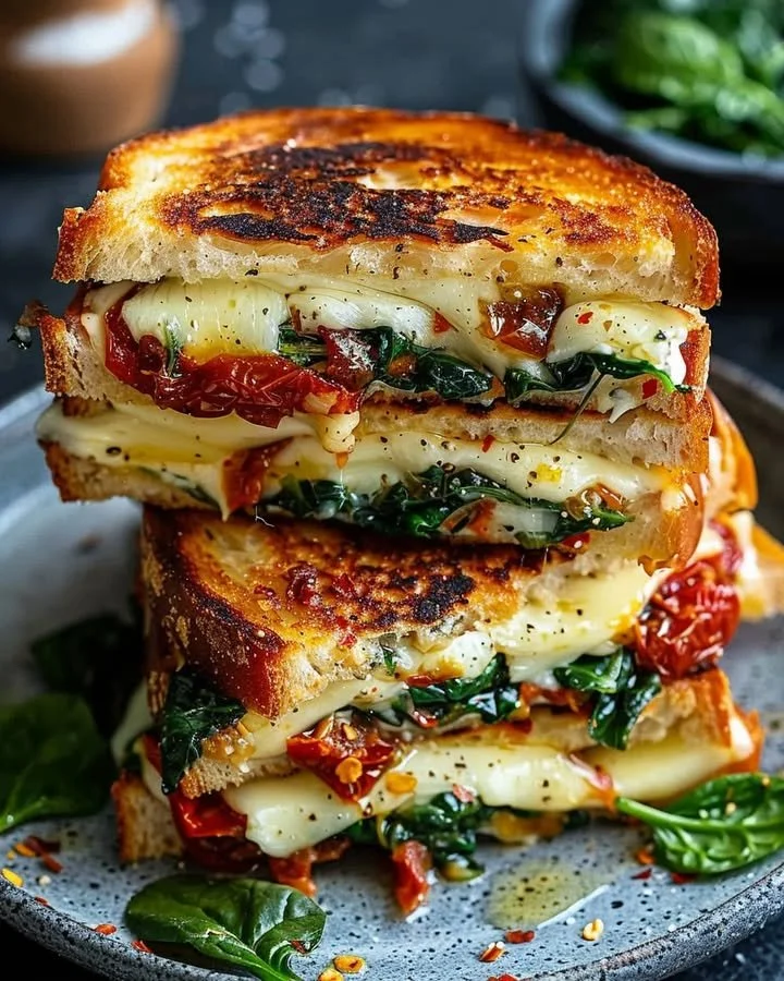 Mediterranean Spinach Grilled Cheese sandwich with sun-dried tomatoes