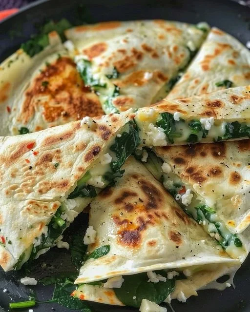 Mediterranean spinach quesadillas served on a plate, garnished with fresh herbs.