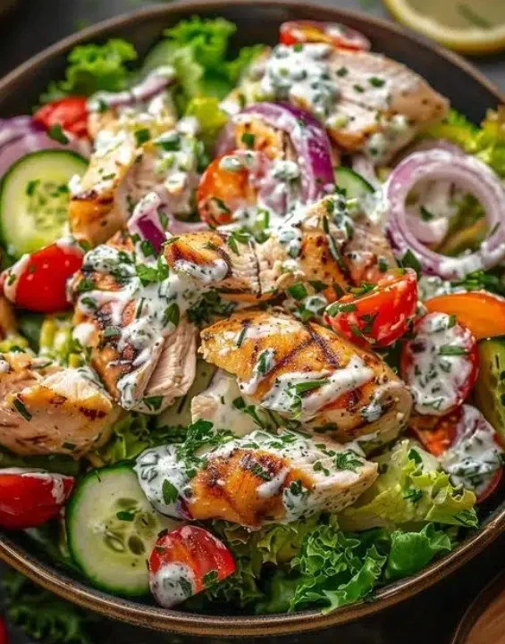 Delicious Mediterranean Tzatziki Chicken Salad with fresh ingredients