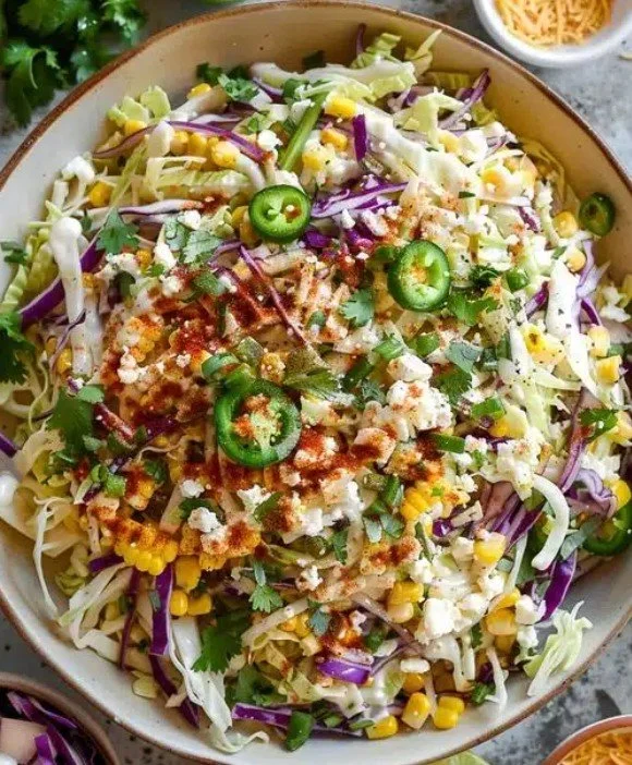 Delicious Mexican Street Corn Coleslaw served in a bowl with fresh toppings