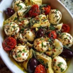 Mozzarella balls served with artichokes and olives in a gourmet dish.