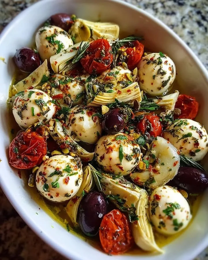 Mozzarella balls served with artichokes and olives in a gourmet dish.