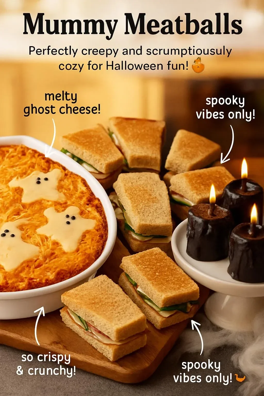 Spooky mummy meatballs wrapped in pastry for Halloween celebration.