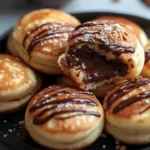 Nutella-stuffed mini pancakes drizzled with chocolate sauce and topped with strawberries