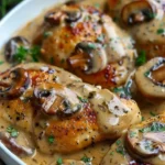 One-Pan creamy mustard chicken with Asiago cheese and mushrooms