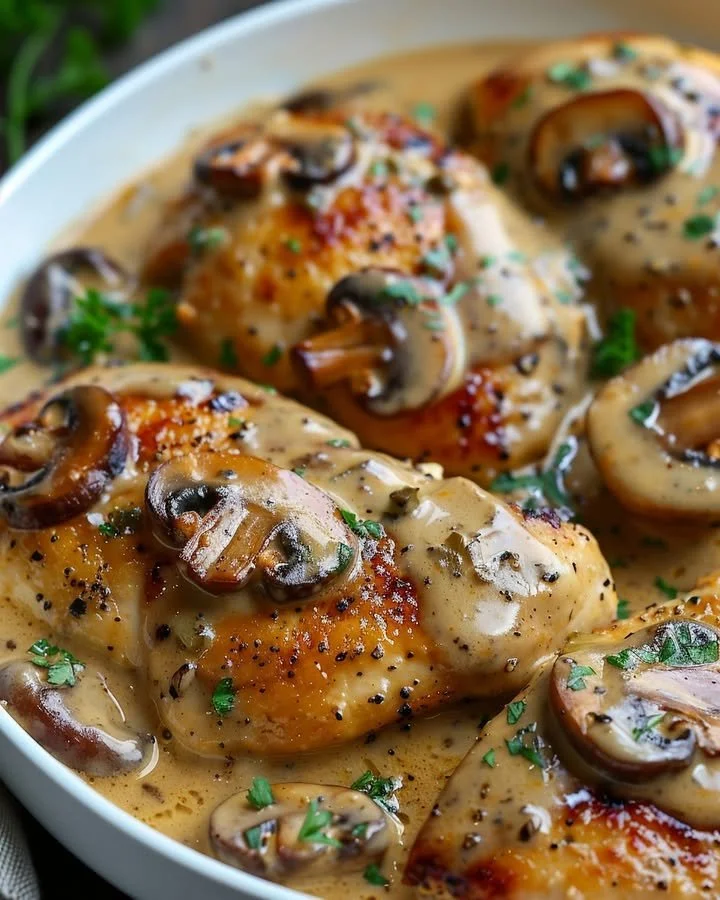 One-Pan creamy mustard chicken with Asiago cheese and mushrooms