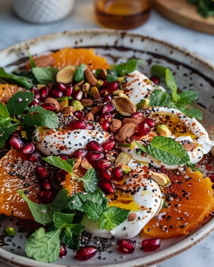 Orange Burrata Salad with fresh greens and citrus dressing