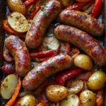 Oven-roasted sausages served with peppers, onions, and potatoes