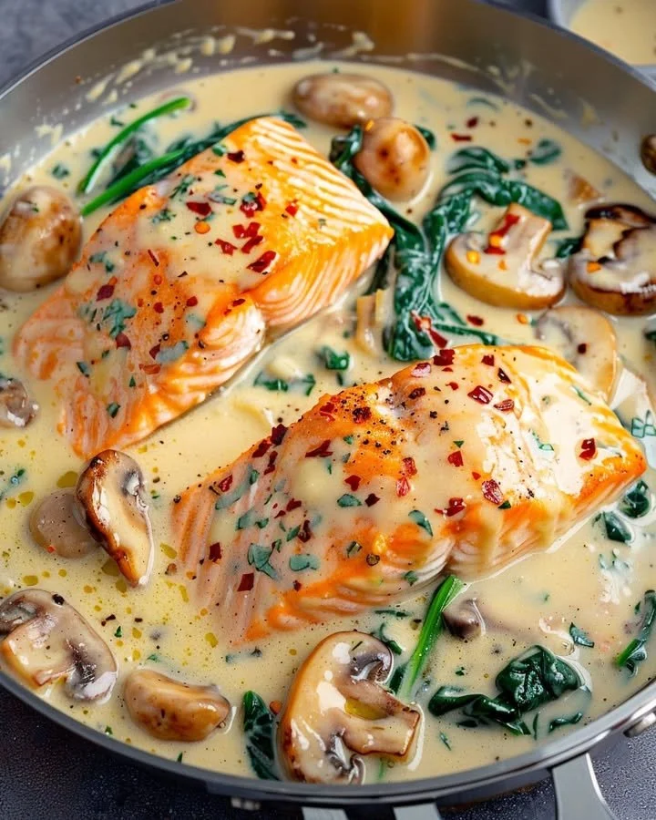 Pan-Seared Salmon Florentine served with creamy spinach and herbs