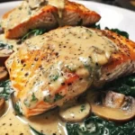 Pan-Seared Salmon Florentine with spinach and creamy sauce on a plate