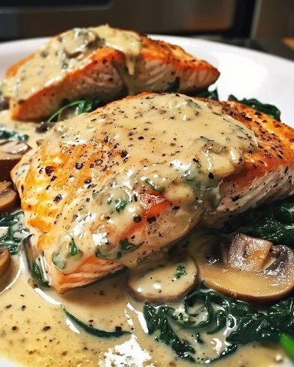 Pan-Seared Salmon Florentine with spinach and creamy sauce on a plate