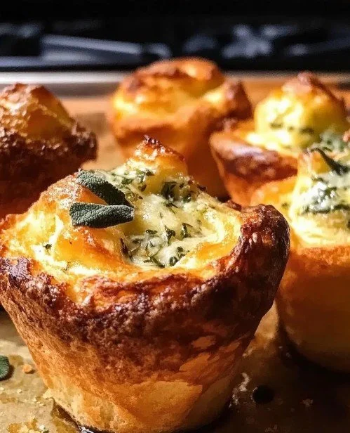 Fluffy Parmesan Sage Popovers drizzled with garlic butter.