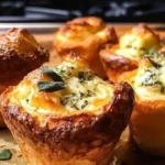 Delicious Parmesan Sage Popovers served with garlic butter on a rustic table.