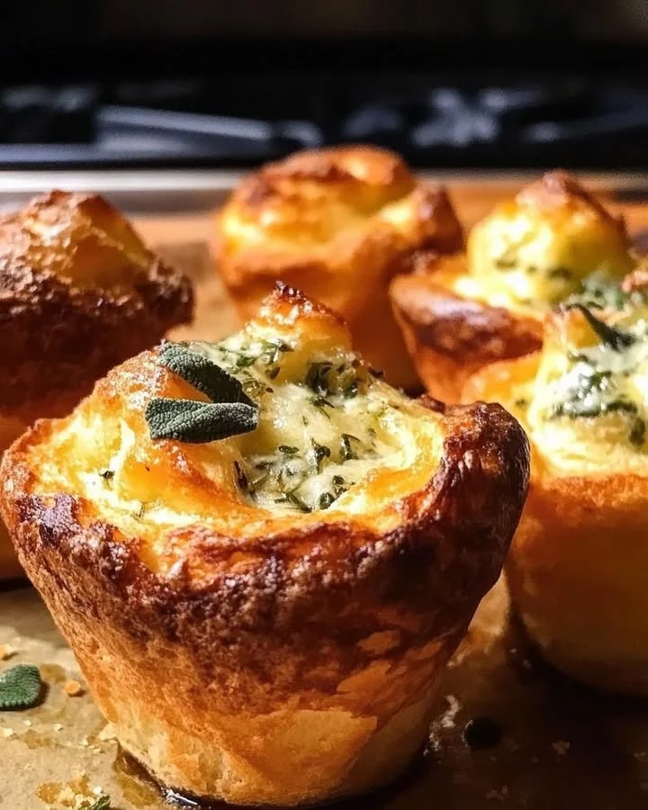 Delicious Parmesan Sage Popovers served with garlic butter on a rustic table.