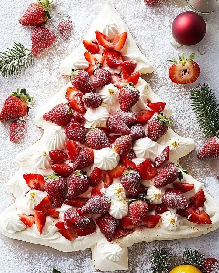 Pavlova Christmas Tree decorated with strawberries and passionfruit.