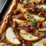 Pear and Brie Tart with caramelized onions and pecans on puff pastry