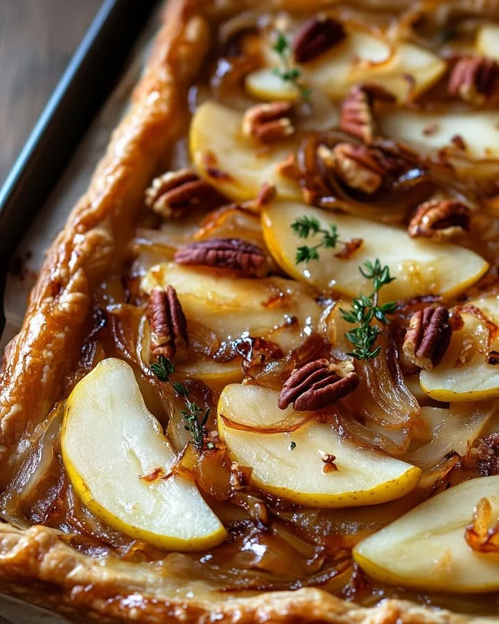 Pear and Brie Tart with caramelized onions and pecans on puff pastry
