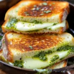 Pesto grilled cheese sandwich with melted cheese and fresh basil pesto