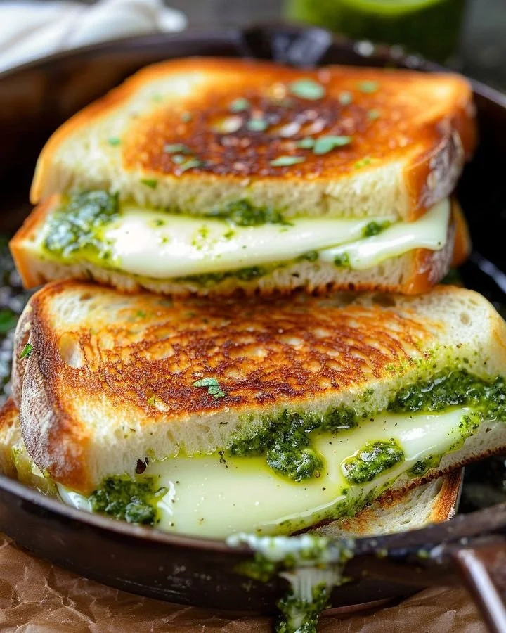 Pesto grilled cheese sandwich with melted cheese and fresh basil pesto