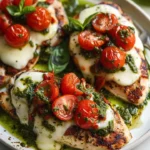 Delicious Pesto Mozzarella Chicken garnished with tomato basil topping