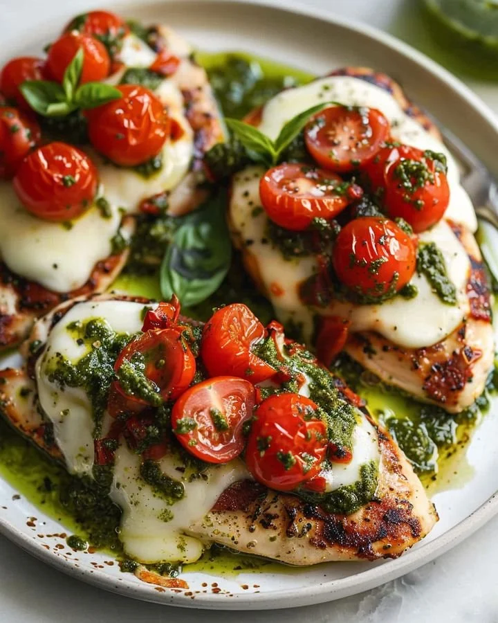 Delicious Pesto Mozzarella Chicken garnished with tomato basil topping