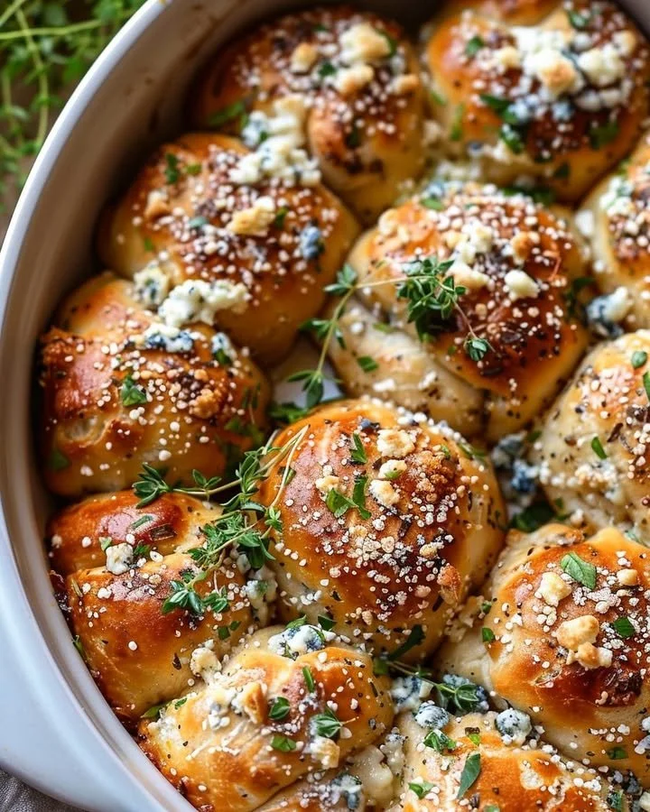 Delicious pretzel bites topped with blue cheese and fresh herbs
