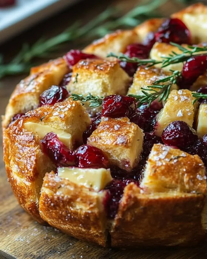 Pull-apart sourdough brie with cranberry filling, a delicious appetizer.