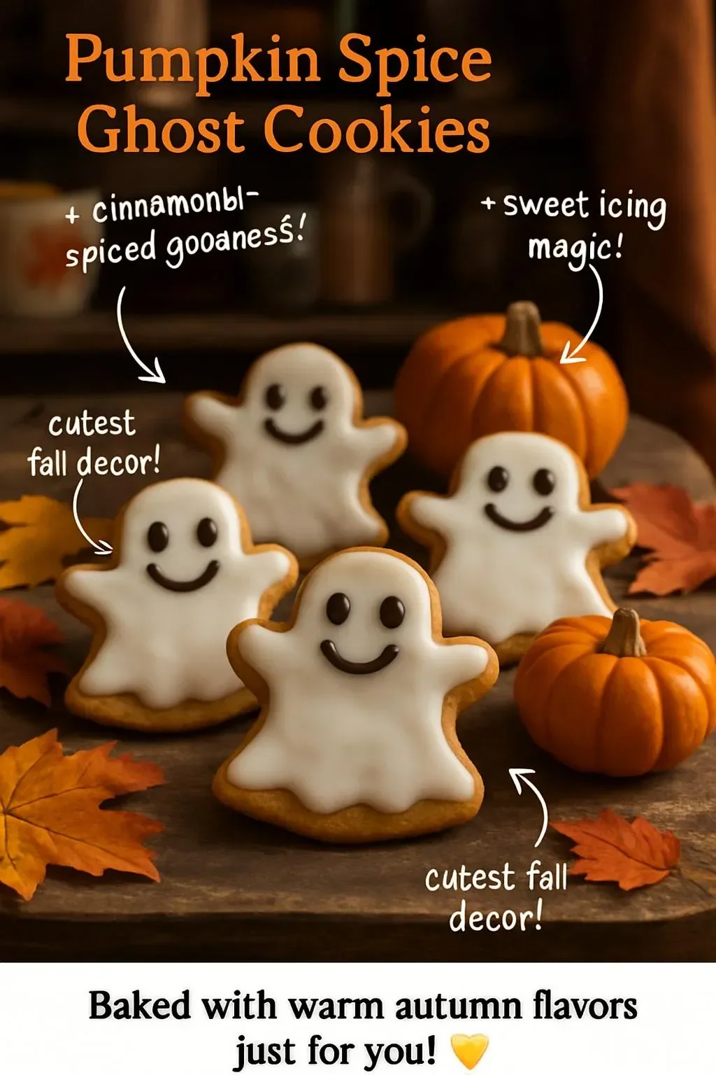 Plate of delicious Pumpkin Spice Ghost Cookies decorated for Halloween