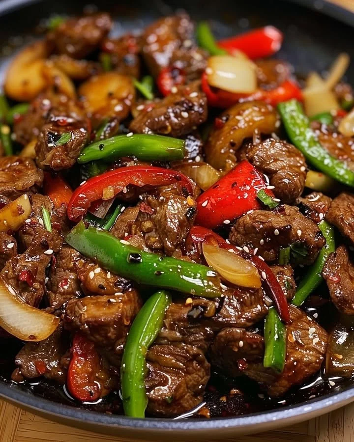 Delicious black pepper beef stir-fry served in a bowl with vegetables