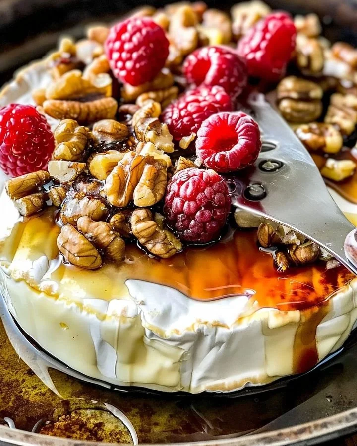 Raspberry and Walnut Baked Brie served on a wooden board with fresh fruit