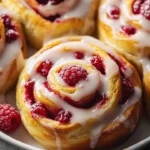 Freshly baked raspberry cinnamon rolls drizzled with lemon glaze.