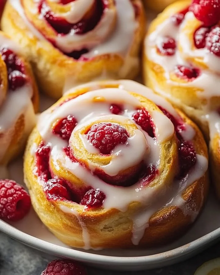 Freshly baked raspberry cinnamon rolls drizzled with lemon glaze.
