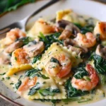 Plate of ravioli with seafood, spinach, mushrooms, and garlic cream sauce