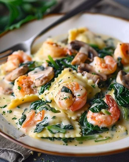 Plate of ravioli with seafood, spinach, mushrooms, and garlic cream sauce