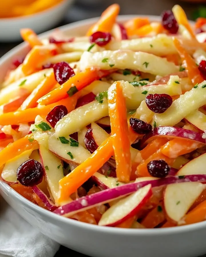 Bowl of refreshing apple cranberry carrot salad with vibrant colors and textures