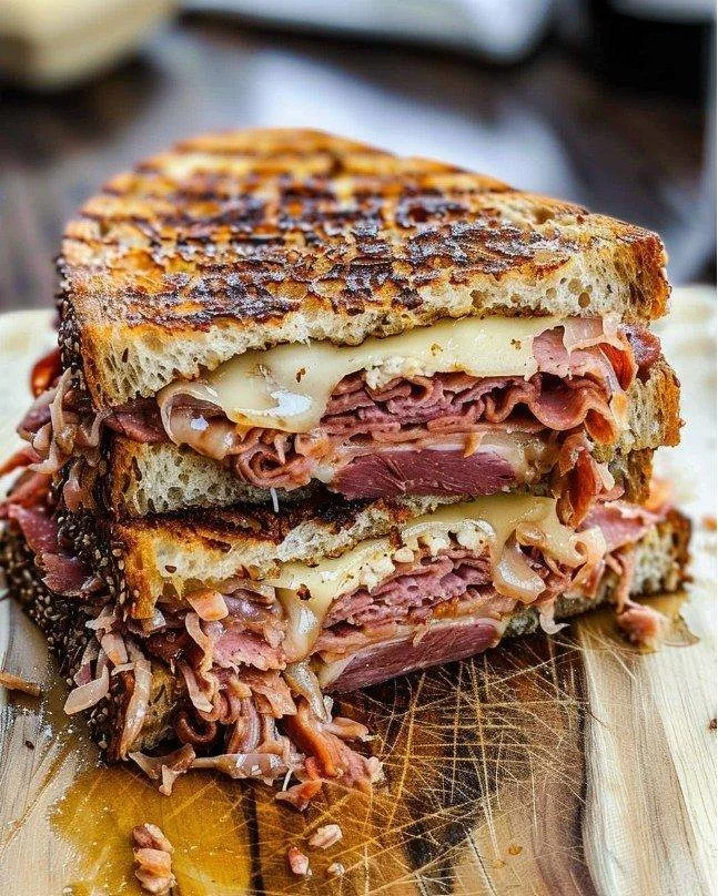 Delicious Reuben Sandwich with corned beef, sauerkraut, and Swiss cheese on rye bread