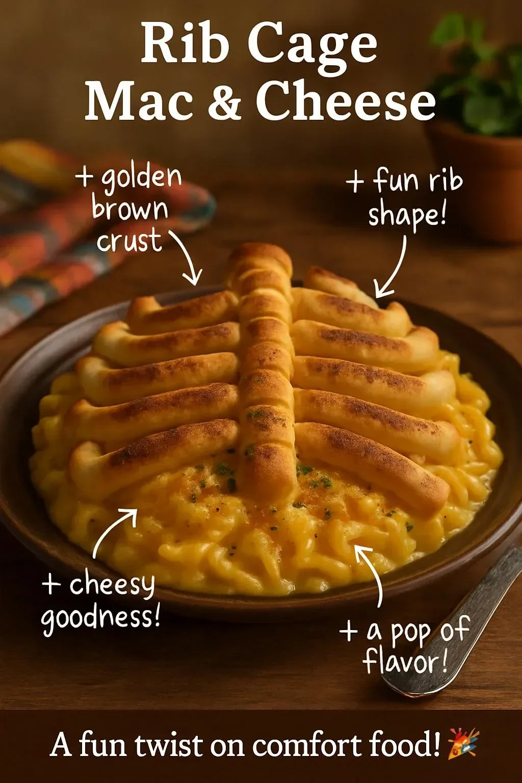 Rib Cage Mac & Cheese topped with crispy ribs and melted cheese