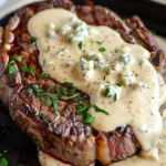 Rib eye steaks served with blue cheese cream sauce on a plate