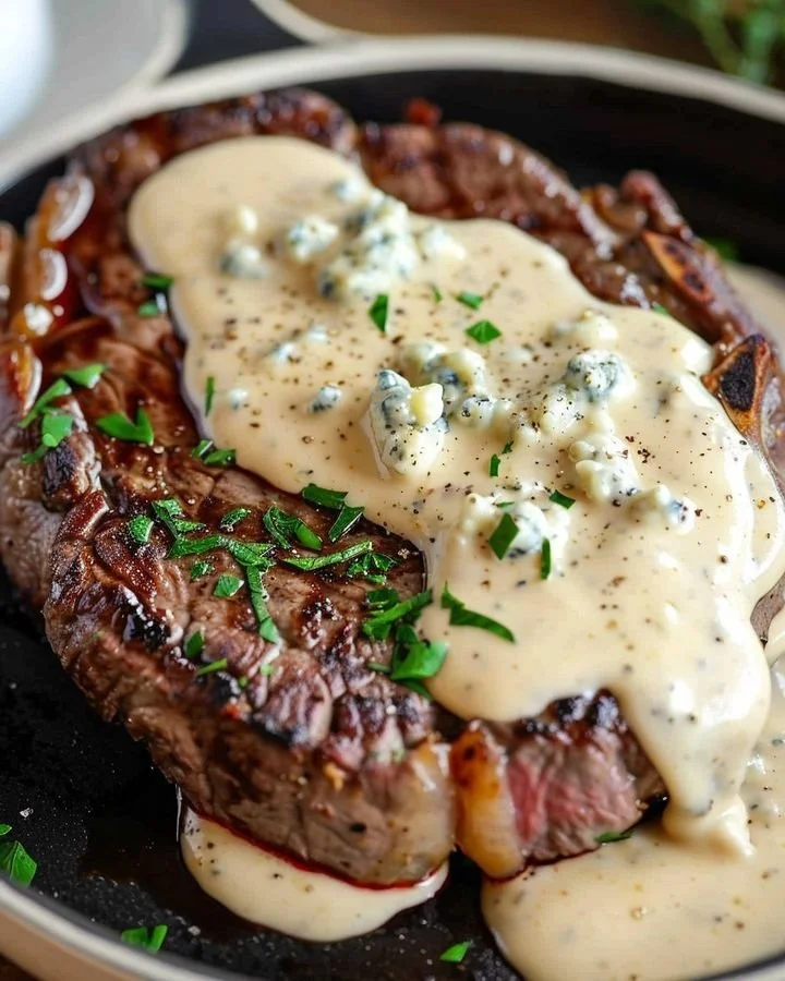 Rib eye steaks served with blue cheese cream sauce on a plate