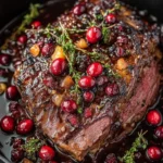 Ribeye roast with cranberry balsamic glaze on a wooden cutting board