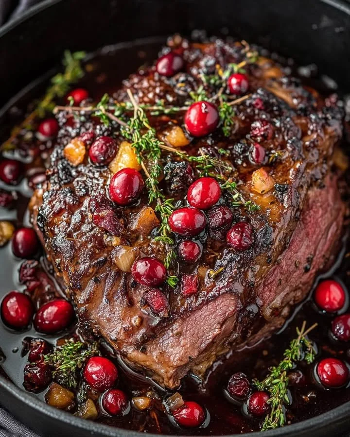 Ribeye roast with cranberry balsamic glaze on a wooden cutting board