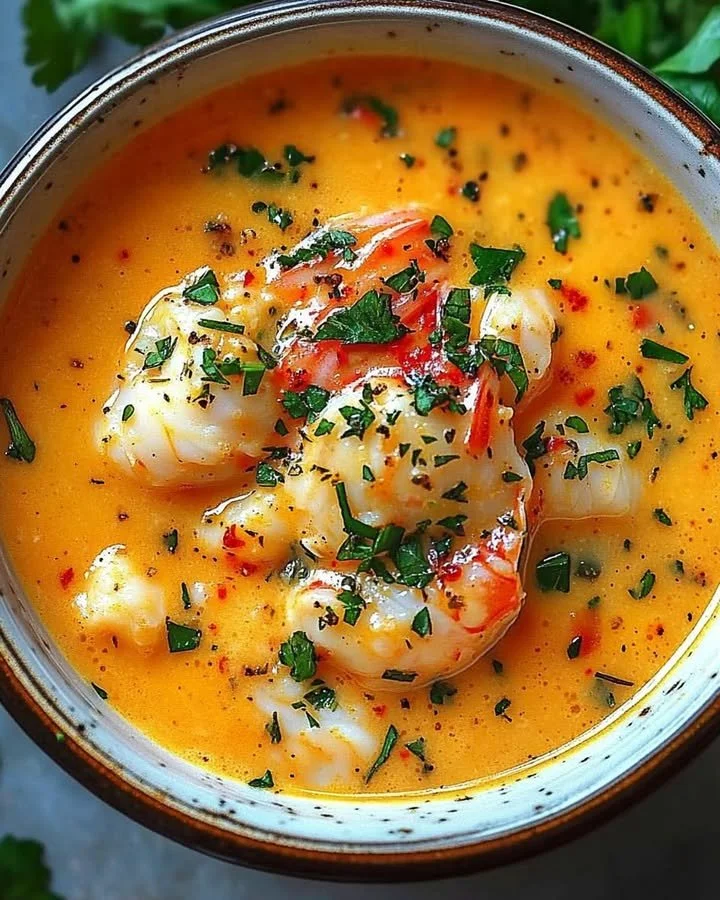 Rich and creamy crab bisque garnished with fresh herbs