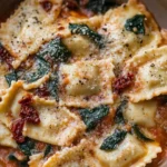 Rich ravioli with spinach and sun-dried tomato sauce