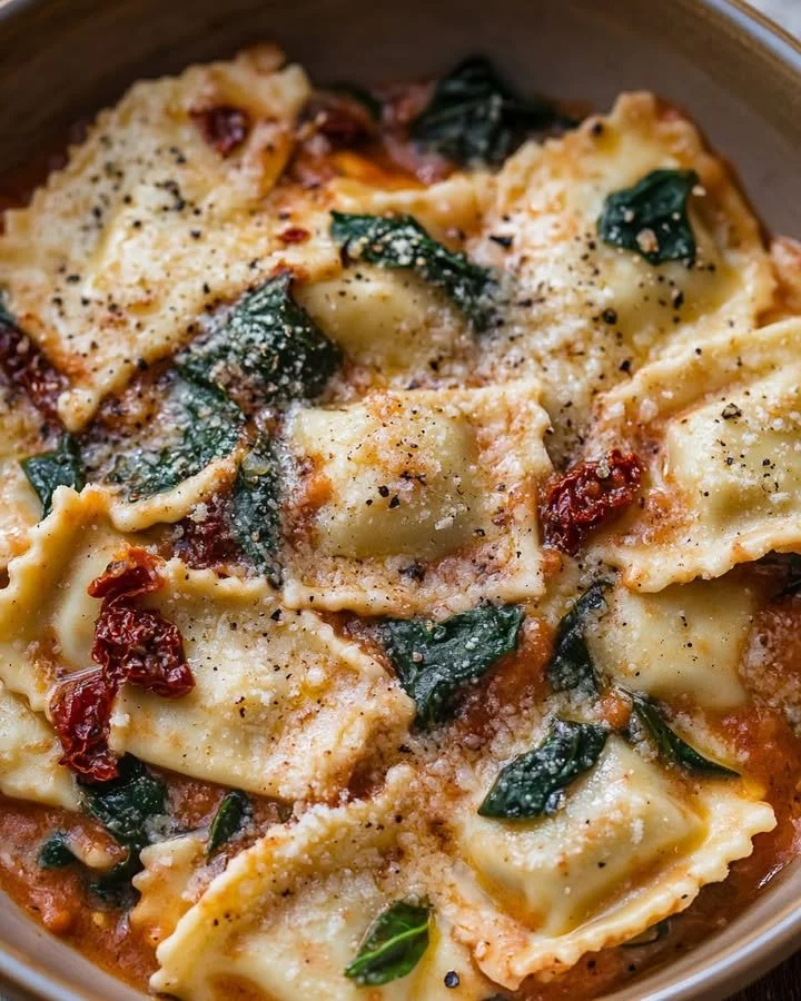 Rich ravioli with spinach and sun-dried tomato sauce