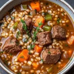Rich and savory beef barley soup with vegetables and herbs served in a bowl.