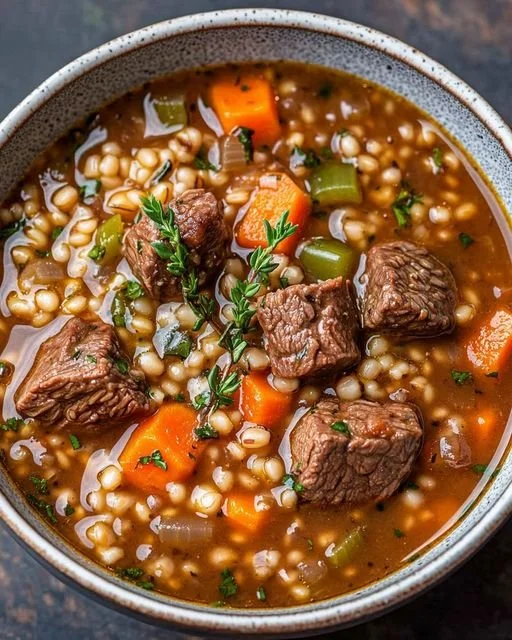 Rich and savory beef barley soup with vegetables and herbs served in a bowl.