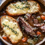Delicious rich French onion short ribs served with Gruyère cheese toast
