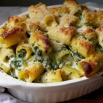 A bowl of rigatoni pasta topped with creamy spinach and ricotta cheese