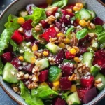 Roasted beetroot salad with strawberry ginger dressing served in a bowl