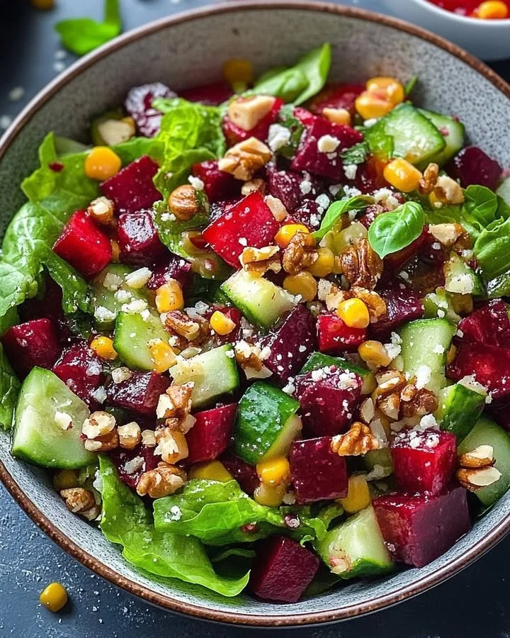 Roasted beetroot salad with strawberry ginger dressing served in a bowl